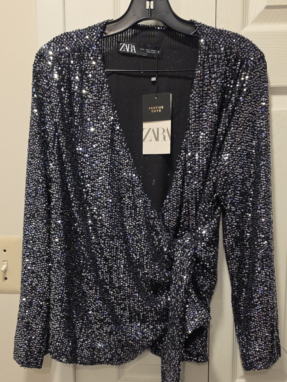 Zara Black Sequin Wrap Blouse